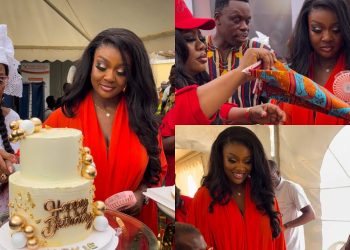 Video: Jackie Appiah celebrates birthday with her neighbours after a fire outbreak at her house