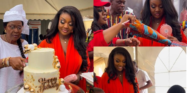 Video: Jackie Appiah celebrates birthday with her neighbours after a fire outbreak at her house