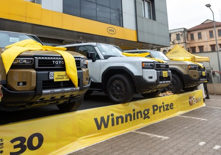 MTN@30: Three Kumasi customers win Toyota Prados at Kejetia 42 Brand new Toyota Land Cruisers on display as grand prizes